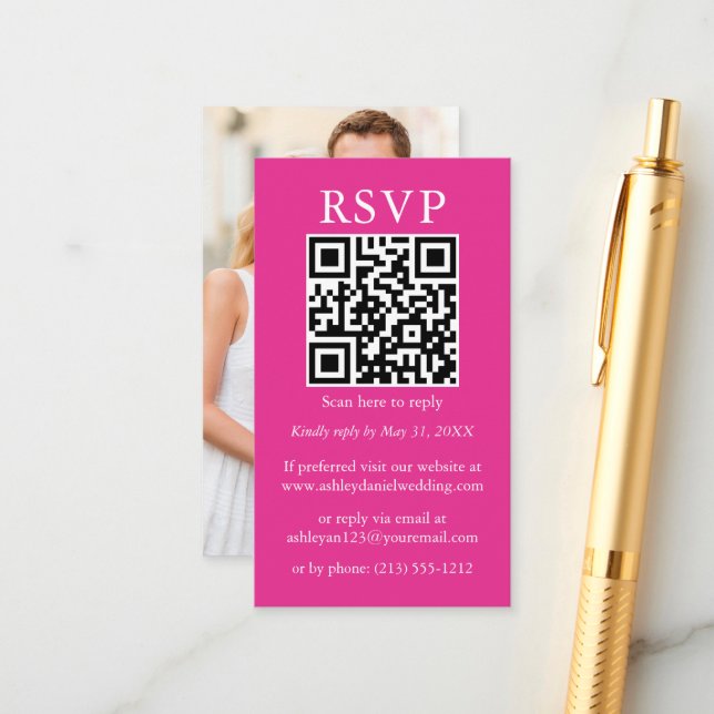 Cartão De Informações RSVP Rosa Quente de Foto QR de Casamento Simples M (Frente/Verso In Situ)