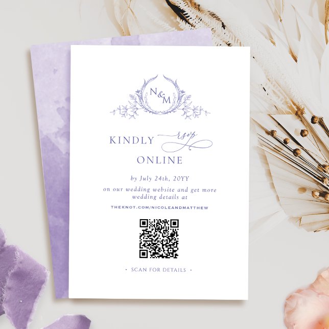 Cartão De Informações RSVP Roxo Elegante Monograma Online, Código QR (Criador carregado)