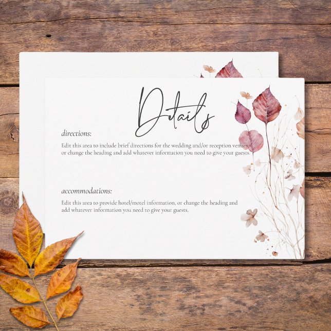 Cartão De Informações Ruído Delicado Russo Rust Cair Deixa Detalhes (Rustic Delicate Burgundy Rust Fall Leaves Details Enclosure Card)