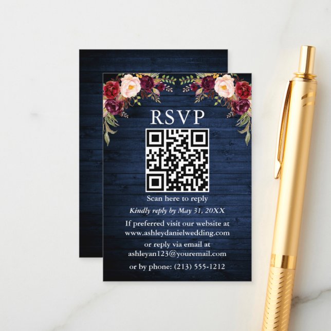 Cartão De Informações Russo Azul Madeira Aquarela Floral QR RSVP (Frente/Verso In Situ)