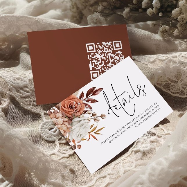 Cartão De Informações Rust Florals Script QR Code Detalhes do Casamento (front and back view)