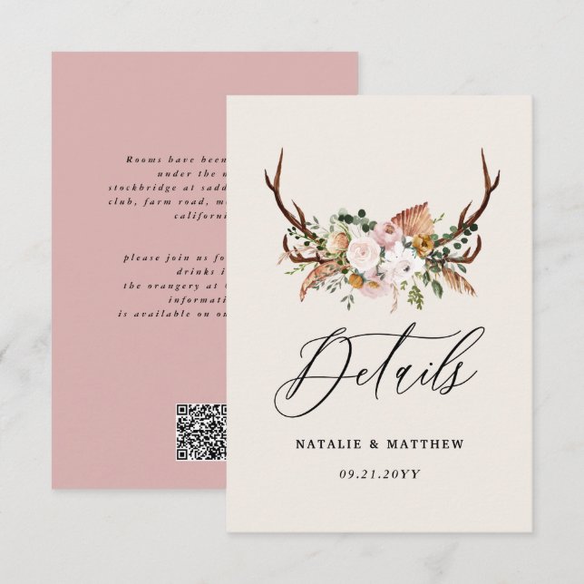 Cartão De Informações Rustic Antler Floral Wedding woodland Boho Details (Frente/Verso)
