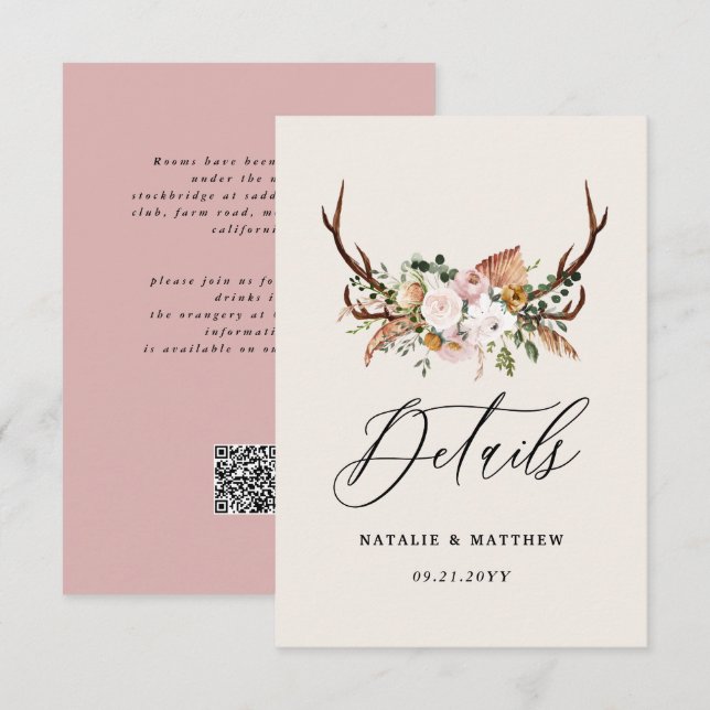 Cartão De Informações Rustic Antler Floral Wedding woodland Boho Details (Frente/Verso)