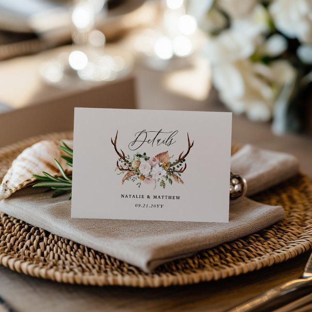 Cartão De Informações Rustic Antler Floral Wedding woodland Boho Details (Criador carregado)