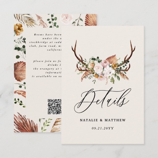 Cartão De Informações Rustic Antler Floral Wedding woodland Boho Details (Frente/Verso)