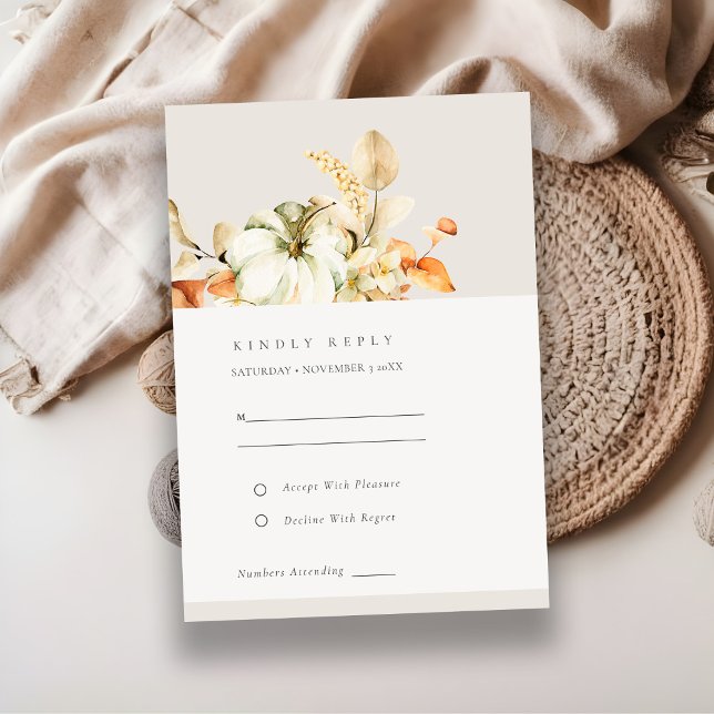 Cartão De Informações Rustic Autumn Pumpkin Leafy Floral Wedding RSVP (Criador carregado)