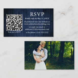 Cartão De Informações Rustic Blue Wood Weding QR Photo RSVP