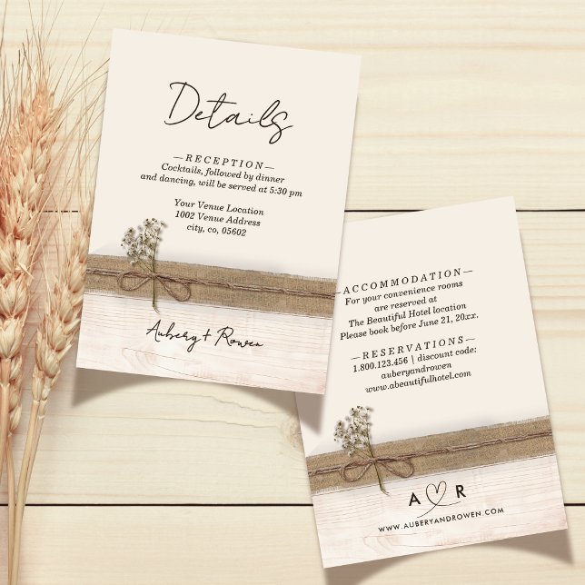 Cartão De Informações Rustic Boho Burlap Wood Wildflower Detalhes do Cas (Criador carregado)