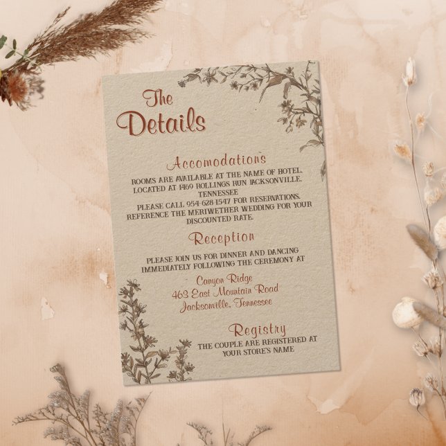 Cartão De Informações Rustic Boho Terracotta Wildlfower Detalhes do Casa (Criador carregado)