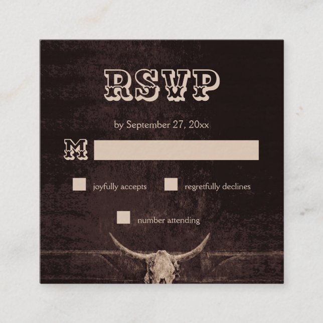 Cartão De Informações Rustic Brown Western Bull Skull Weding RSVP (Frente)