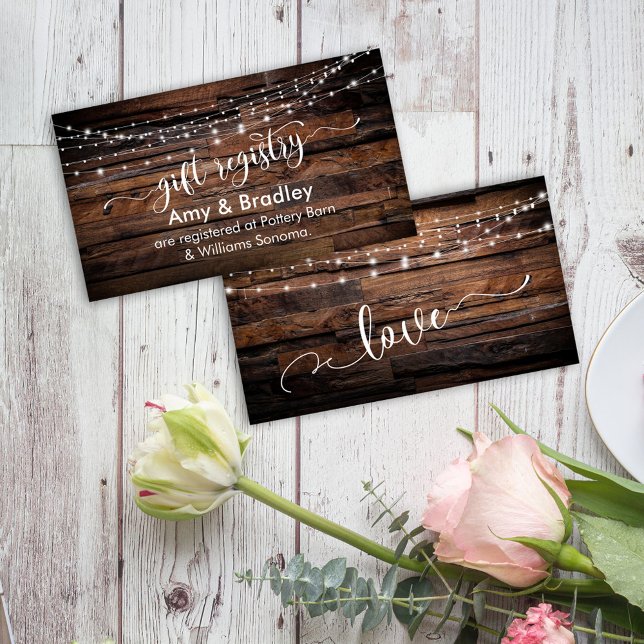 Cartão De Informações Rustic Brown Wood & Lights, Wedding Gift Registry (Criador carregado)