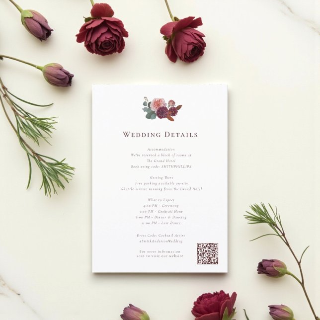 Cartão De Informações Rustic Burgundy Floral Wedding Info Card (Criador carregado)