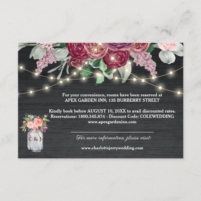 Cartão De Informações Rustic Burgundy Mason Jar Lights Detalhes do Casam (Frente)