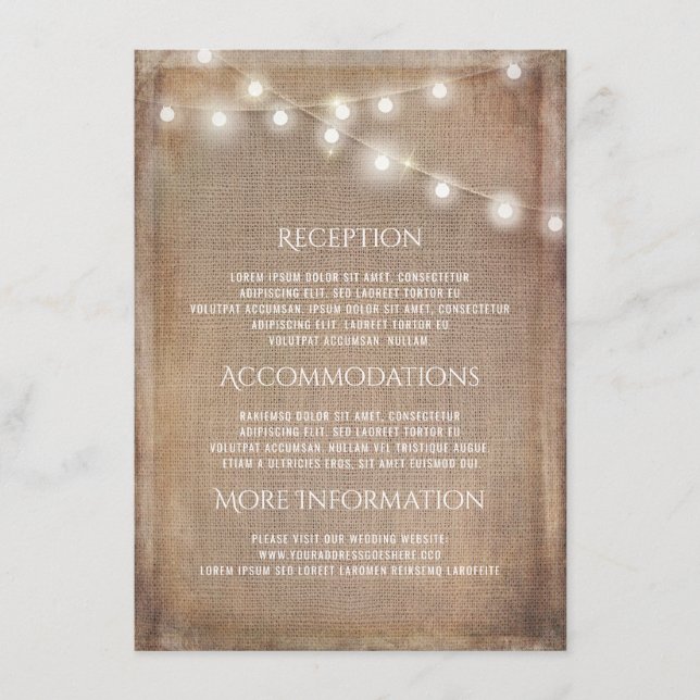 Cartão De Informações Rustic Burlap String Lights Informações De Casamen (Frente)