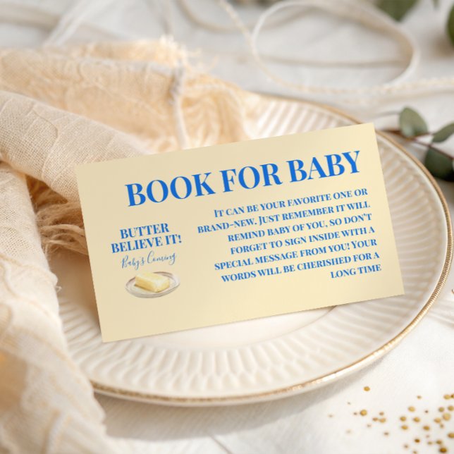 Cartão De Informações Rustic Butter Yellow Blue Boy Book For Baby Shower (Criador carregado)
