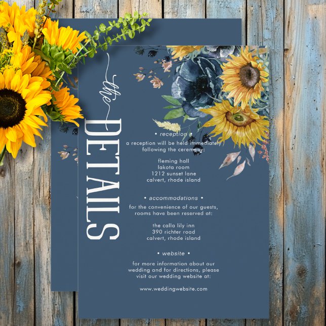 Cartão De Informações Rustic Dusty Blue Sunflower Detalhes do Casamento (Rustic Dusty Blue Sunflowers Wedding Details Enclosure Card)