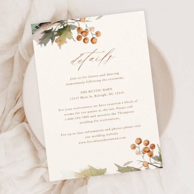 Cartão De Informações Rustic Fall Greenery deixa Foliage Detalhe de Casa (A Rustic Wedding Details Enclosure Card with Elegant Watercolor Autumn Greenery Leaves and Foliage.)