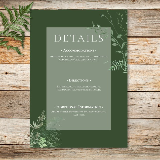 Cartão De Informações Rustic Fern Green Foliage Detalhes do Emerald Gree (Rustic Fern Green Foliage Emerald Green Details Enclosure Card)