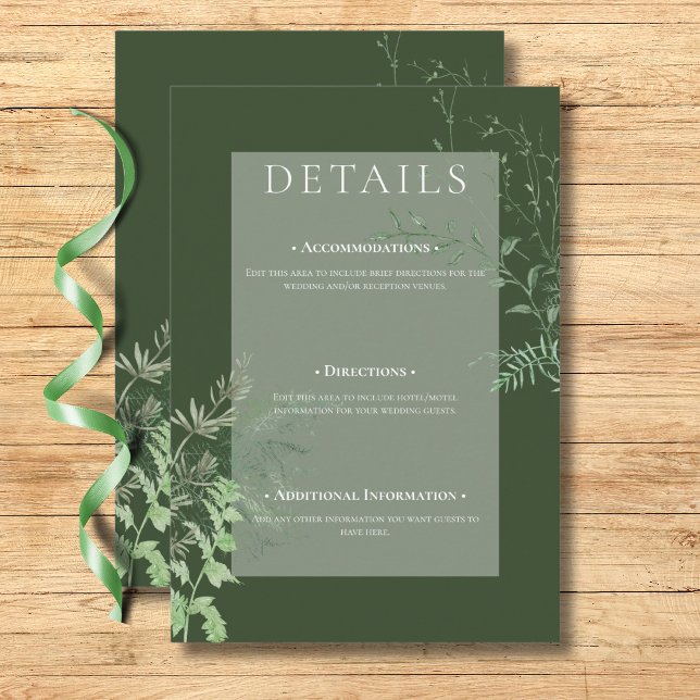 Cartão De Informações Rustic Fern Green Foliage Detalhes do Emerald Gree (Rustic Fern Green Foliage Emerald Green Details Enclosure Card)