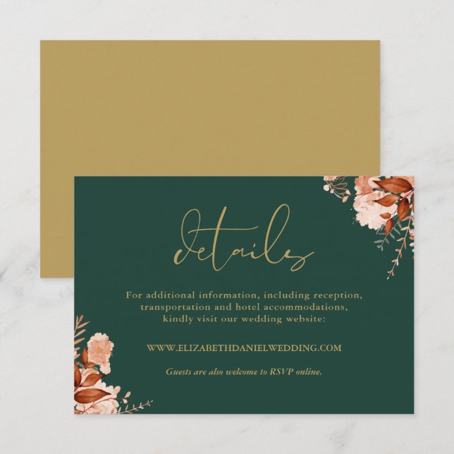 Cartão De Informações Rustic Floral Emerald E Dourados Detalhes Do Casam (Frente/Verso)