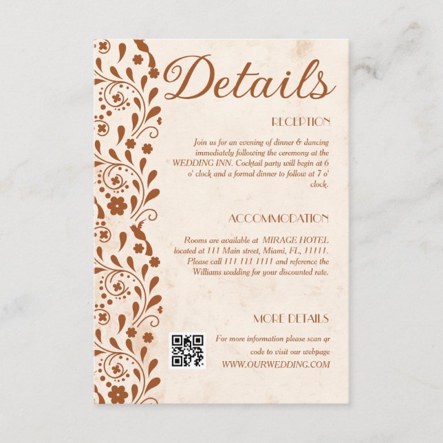 Cartão De Informações Rustic Floral Wedding Details QR code (Frente)