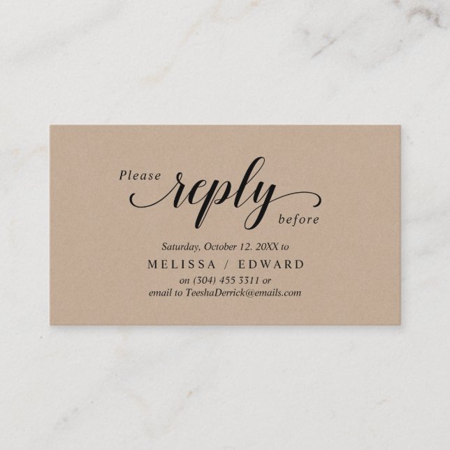 Cartão De Informações Rustic Kraft, Black Script, RSVP respondem (Frente)