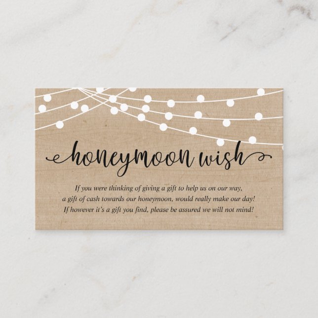 Cartão De Informações Rustic Party String Lights, Wedding Honeymoon Wish (Frente)