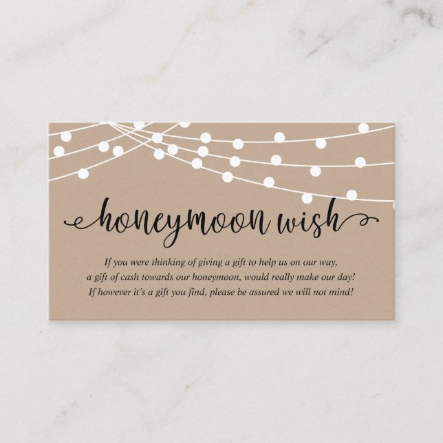 Cartão De Informações Rustic Party String Lights, Wedding Honeymoon Wish (Frente)