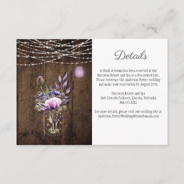 Cartão De Informações Rustic String Lights Mason Jar Violet Enclosure (Frente)