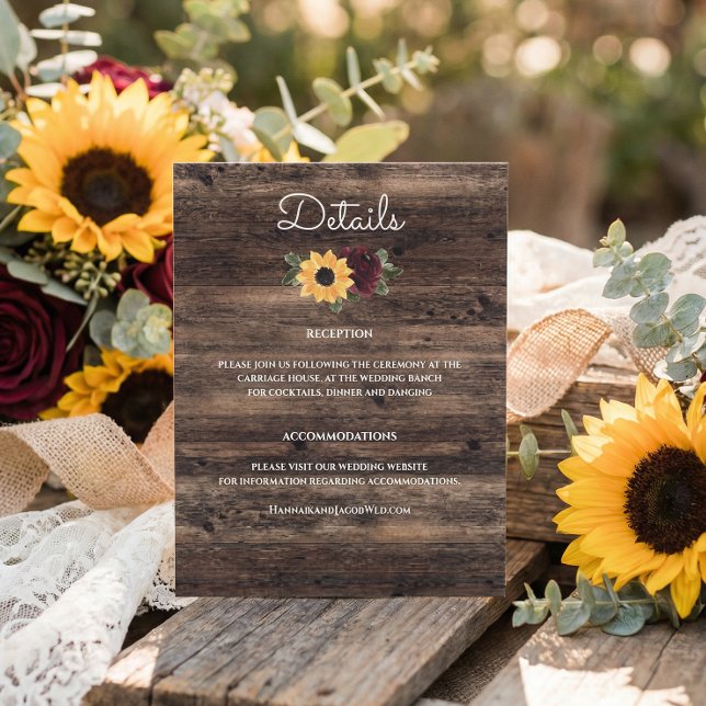 Cartão De Informações Rustic Sunflower and Roses Wedding Details (Criador carregado)