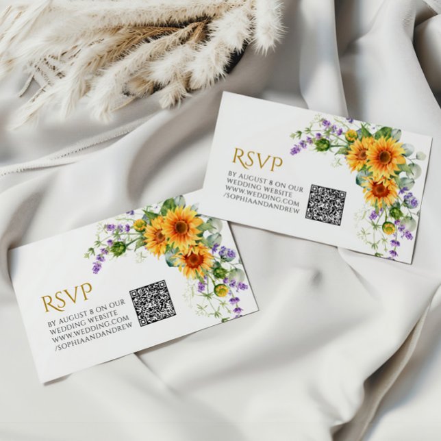 Cartão De Informações Rustic Sunflower & Lavander Casamento QR Code RSVP (Criador carregado)