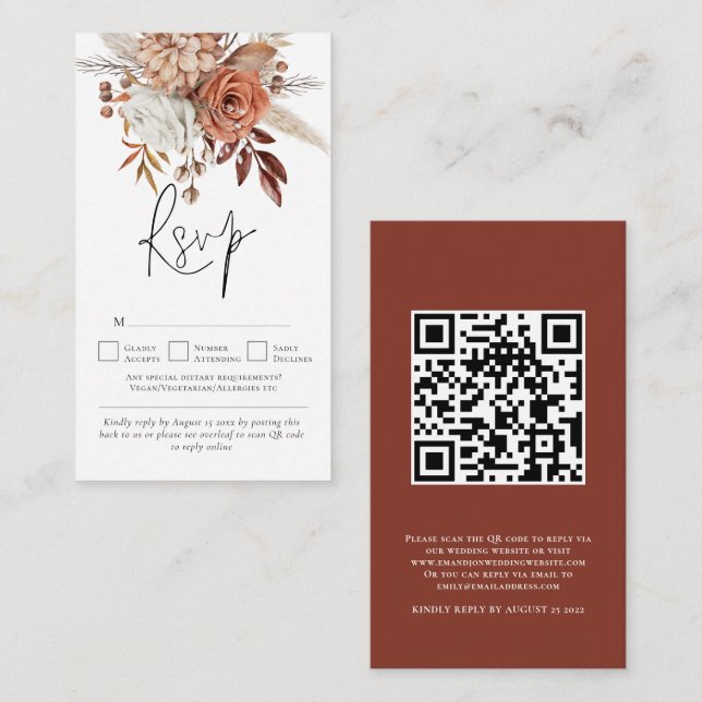 Cartão De Informações Rustic Terracotta Florals Código QR Casamento RSVP (Frente/Verso)