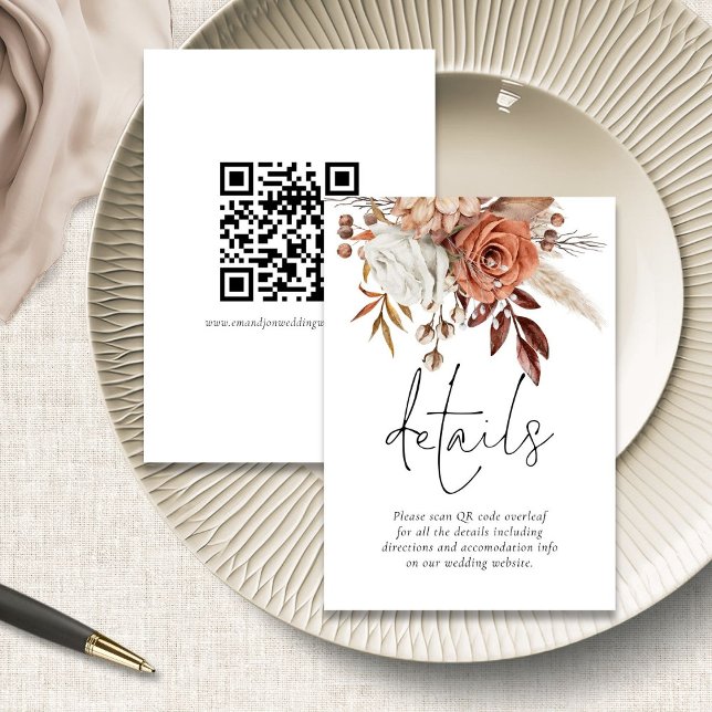 Cartão De Informações Rustic Terracotta Florals QR Code Detalhes de Casa (front and back view)