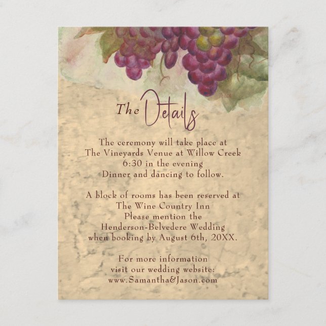 Cartão De Informações Rustic Vineyard Wedding Details Enclosure Card (Frente)