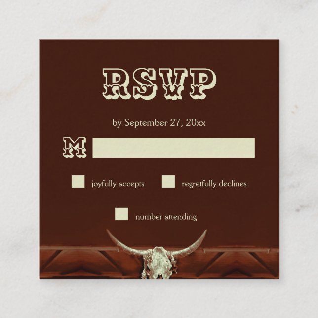 Cartão De Informações Rustic Western Bull Skull Weding RSVP (Frente)