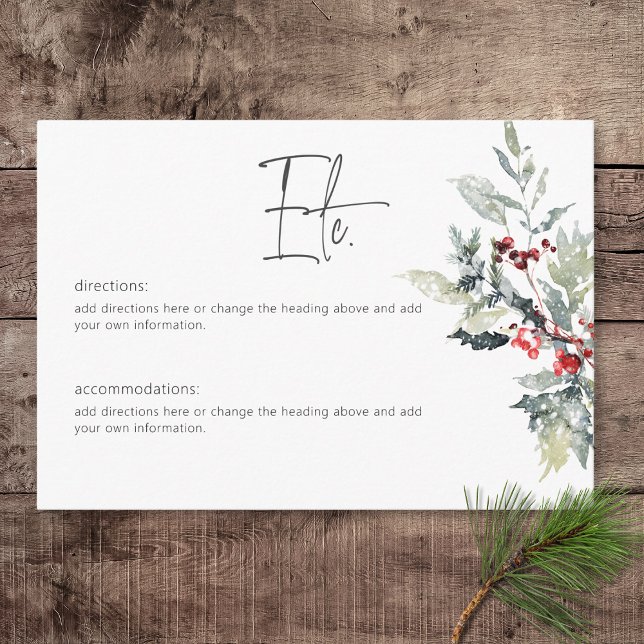 Cartão De Informações Rustic Winter Holly Berries & Snow Details (Rustic Winter Holly Berries & Snow Wedding Details Card)
