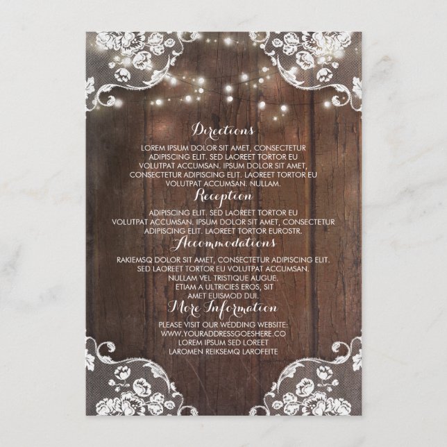 Cartão De Informações Rustic Wood Barn String Luzes De Casamento Informa (Frente)