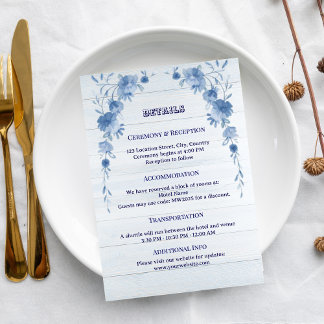 Cartão De Informações Rustic Wood  Blue Floral Elegant Wedding 