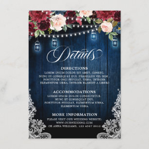 Cartão De Informações Rustic Wood Burgundy Floral Mason Jar Wedding