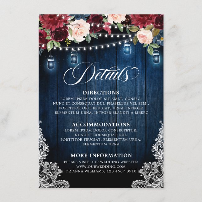 Cartão De Informações Rustic Wood Burgundy Floral Mason Jar Wedding (Frente)