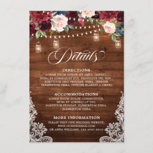 Cartão De Informações Rustic Wood Burgundy Floral Mason Jar Wedding