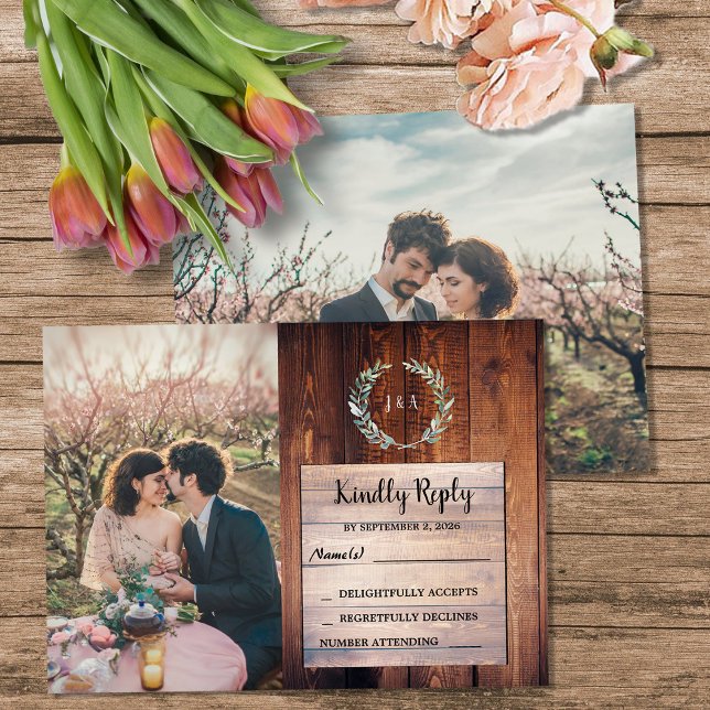Cartão De Informações Rustic wood monogram photo Wedding budget RSVP (Rustic wood monogram photo Wedding budget RSVP Enclosure Card. You can add your own photos.)