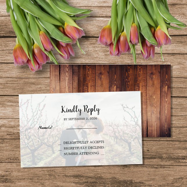 Cartão De Informações Rustic wood photo Wedding budget RSVP (Rustic wood photo Wedding budget RSVP Enclosure Card. For your rustic country wedding,)