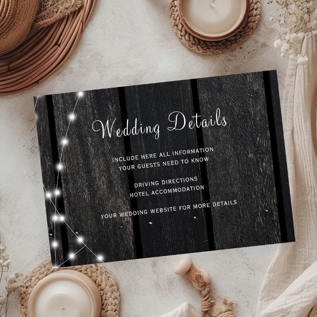 Cartão De Informações Rustic wood string lights wedding guest details (Criador carregado)
