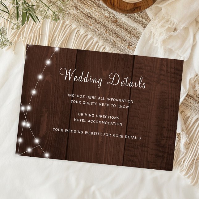 Cartão De Informações Rustic wood string lights wedding guest details (Criador carregado)