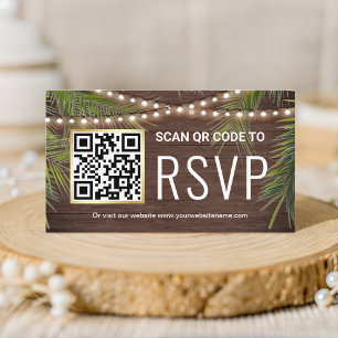Cartão De Informações Rustic Wood Tropical Palm QR Code RSVP Casamento