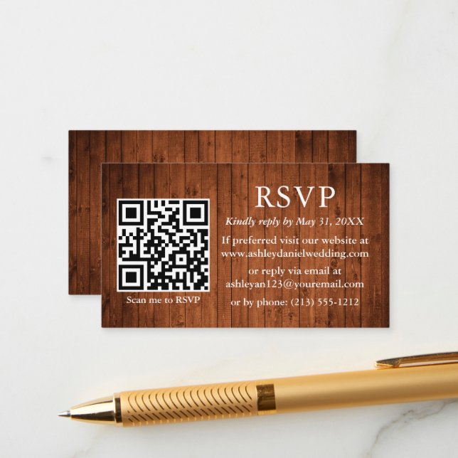 Cartão De Informações Rustic Wood Wedding QR RSVP (Frente/Verso In Situ)