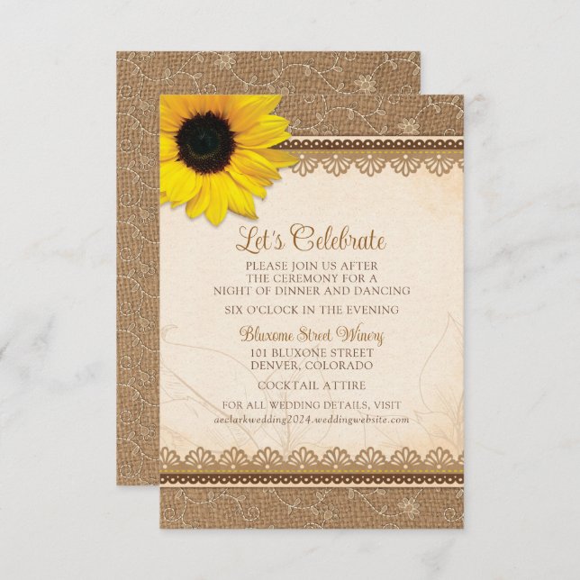 Cartão De Informações Rústico Burlap Lace Recepção de casamento de giras (Frente/Verso)