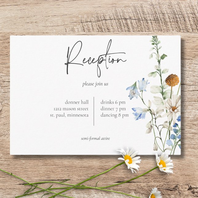 Cartão De Informações Rústico Dusty Blue Selvagens e recepção de margari (Rustic Dusty Blue Wildflowers & Daisies Reception Enclosure Card)