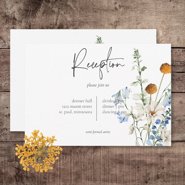 Cartão De Informações Rústico Dusty Blue Selvagens e recepção de margari (Rustic Dusty Blue Wildflowers & Daisies Wedding Reception Card)
